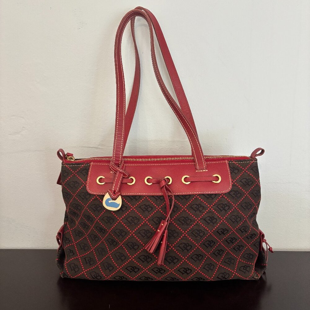 Dooney & Bourke Black Red Signature Print Red Leather Medium Tassel Shoulder Bag